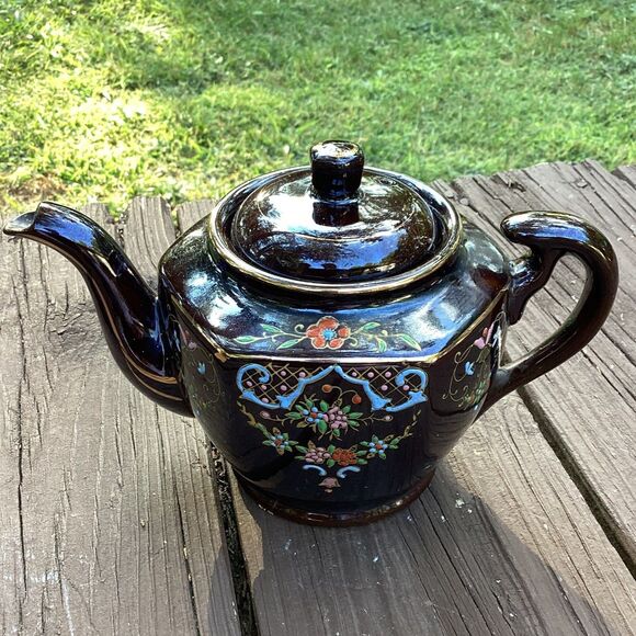 Vintage Japan Brown Glazed Floral Ceramic Teapot Hand Painted 8” - Picture 1 of 6